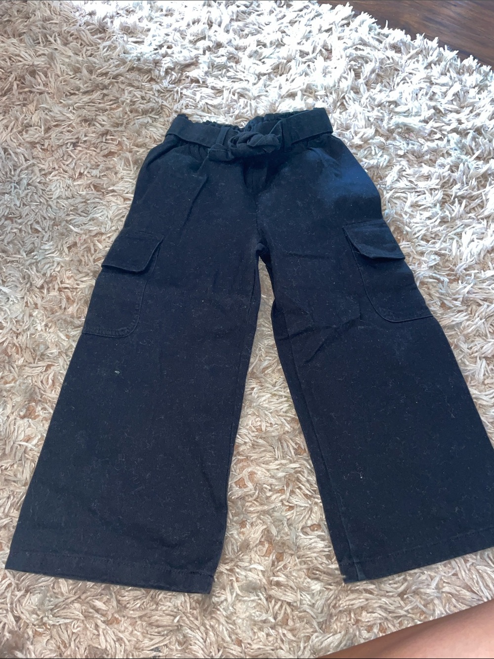 Kids Black Wide-Leg Cargo Pants with Tie Waist